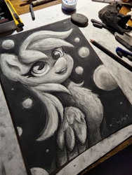 Size: 1536x2048 | Tagged: safe, artist:saphypone, derpy hooves, pegasus, pony, g4, bubble, charcoal (medium), female, mare, solo, traditional art