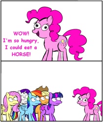 Size: 1008x1200 | Tagged: safe, artist:estrobiohacker, applejack, fluttershy, pinkie pie, rainbow dash, rarity, twilight sparkle, earth pony, pegasus, pony, unicorn, g4, 2 panel comic, comic, derp, female, implied cannibalism, mane six, mare, pun, simple background, text, unicorn twilight, white background