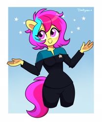 Size: 1707x2048 | Tagged: safe, artist:darkynez, oc, oc only, oc:cuihua, earth pony, anthro, clothes, female, mare, simple background, smiling, solo, star trek, uniform