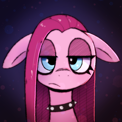 Size: 884x884 | Tagged: safe, artist:pizzahutjapan, color edit, colorist:xbi, edit, editor:xbi, pinkie pie, earth pony, pony, g4, collar, colored, female, floppy ears, frown, lidded eyes, looking at you, mare, pinkamena diane pie, solo