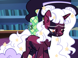 Size: 1000x738 | Tagged: safe, artist:fuckomcfuck, edit, edited screencap, screencap, oc, oc:bloody moon, pegasus, pony, hat, horn, horn jewelry, jewelry, library, necklace, solo, stars, witch hat