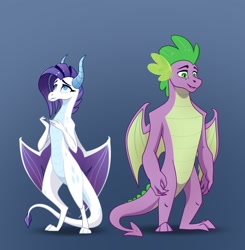 Size: 2200x2248 | Tagged: safe, artist:28gooddays, rarity, spike, dragon, g4, dragoness, dragonified, duo, female, gradient background, high res, male, older, older spike, raridragon, species swap
