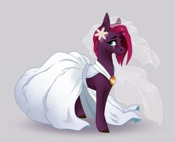 Size: 2471x2000 | Tagged: safe, artist:28gooddays, fizzlepop berrytwist, tempest shadow, pony, unicorn, alternate hairstyle, aside glance, beige background, bride, broken horn, clothes, dress, eye scar, facial scar, female, flower, flowing mane, high res, horn, looking at you, mare, pretty pretty tempest, scar, simple background, smiling, solo, standing, three quarter view, wedding dress, wedding veil