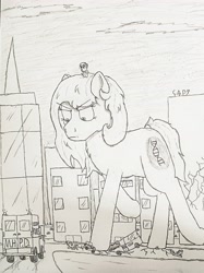 Size: 3432x4580 | Tagged: safe, artist:cap_watching, earth pony, pony, car, city, commission, female, giant pony, giantess, macro, mare, meta, micro, pencil, pencil drawing, stomping, traditional art, twitter