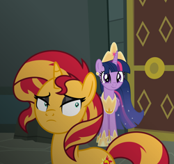 Size: 6012x5664 | Tagged: safe, artist:emeraldblast63, sunset shimmer, twilight sparkle, alicorn, pony, unicorn, comic:the tale of two sunsets, equestria girls, g4, the last problem, crown, duo, duo female, female, human pony sunset, human sunset, jewelry, mare, older, older twilight, older twilight sparkle (alicorn), princess twilight 2.0, regalia, twilight sparkle (alicorn)