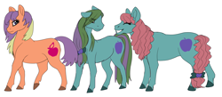 Size: 4000x1748 | Tagged: safe, artist:cyclone62, apple pie (g2), bright bramley, earth pony, pony, g2, bow, eyes closed, female, grin, hair bow, hooves, mare, raised leg, siblings, simple background, sisters, smiling, tail, tail bow, trio, trio female, twin sisters, twins, unamused, white background