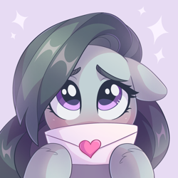 Size: 2000x2000 | Tagged: safe, artist:skysorbett, marble pie, earth pony, pony, g4, blushing, cute, female, hearts and hooves day, high res, holiday, letter, looking at you, love letter, marblebetes, mare, simple background, solo, sparkles, valentine's day, valentine's day card