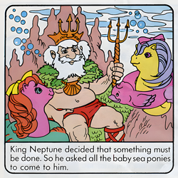 Size: 900x900 | Tagged: artist needed, safe, official comic, backstroke, sea star, human, sea pony, g1, my little pony vol. 1, my little pony vol. 1 #18, baby, baby sea ponies, bow, bubble, facial hair, female, flowing mane, hair bow, king neptune, looking at each other, looking at someone, ocean, ribbon, scan, seaweed, smiling, smiling at each other, sunlight, swimming, the strange shell, trident, trio, underwater, upscaled, water