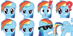 Size: 384x192 | Tagged: safe, artist:scootaloormayfly, rainbow dash, pegasus, pony, g4, angry, bored, confused, drug use, drugs, exclamation point, female, folded wings, grin, happy, looking at you, mare, multeity, multicolored hair, pixel art, question mark, rainbow hair, rpg maker, simple background, smiling, solo, sprite, sprite sheet, steroids, sunglasses, surprised, transparent background, wings