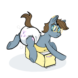 Size: 1920x1920 | Tagged: safe, artist:skimmoomoomilk, oc, oc only, earth pony, pony, diaper, diaper fetish, diaper package, earth pony oc, fetish, freckles, glasses, looking back, non-baby in diaper, poofy diaper, simple background, solo, underhoof, white background