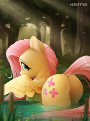 Size: 2500x3366 | Tagged: safe, artist:hentwi, fluttershy, pegasus, pony, g4, butt, crepuscular rays, cute, dock, female, flutterbutt, forest, forest background, high res, looking at you, looking back, looking back at you, mare, plot, pond, shyabetes, solo, spread wings, stupid sexy fluttershy, tail, water, wings