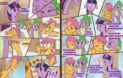 Size: 3900x2500 | Tagged: safe, artist:loverashley, scootaloo, spike, twilight sparkle, alicorn, dragon, pegasus, pony, g4, comic, dialogue, fanfic art, female, filly, foal, high res, implied sex, male, mare, ship:scootaspike, shipping, speech bubble, straight, twilight sparkle (alicorn)