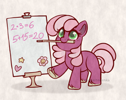 Size: 2222x1751 | Tagged: safe, artist:marsel1nushka, cheerilee, earth pony, pony, g4, blank flank, cheeribetes, colored pupils, cute, female, filly, filly cheerilee, foal, freckles, math, mouth hold, pointer, solo, underhoof, unshorn fetlocks, younger