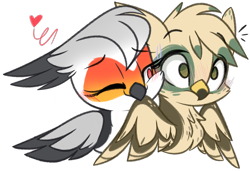 Size: 2537x1737 | Tagged: safe, artist:emberslament, oc, oc:angelcrest, oc:dillinger, griffon, assisted preening, biting, chibi, duo, female, grooming, male, preening, simple background, straight, transparent background, wing bite, wings