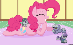Size: 1357x847 | Tagged: safe, artist:legendoflink, limestone pie, marble pie, maud pie, pinkie pie, earth pony, pony, g4, boop, button eyes, cute, diapinkes, doll, eyes closed, female, mare, ms paint, pie sisters, rug, siblings, sisters, smiling, solo, toy