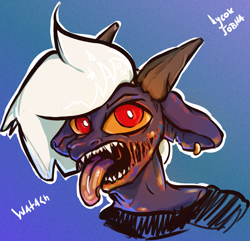 Size: 1419x1366 | Tagged: safe, artist:wata, oc, oc:alek, goat, semi-anthro, bust, fangs, floppy ears, furry, horns, paint on fur, piercing, portrait, red pupils, simple background, solo, tongue out, white hair, yellow eyes