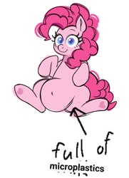 Size: 688x948 | Tagged: safe, artist:moetempura, pinkie pie, earth pony, pony, g4, belly, belly button, big belly, chubby, colored sketch, female, full of pilk, hoof heart, looking at you, mare, meme, microplastics, simple background, sketch, solo, text, underhoof, white background