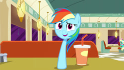 Size: 1280x720 | Tagged: safe, artist:capnpea, edit, edited screencap, screencap, honey curls, mare e. lynn, rainbow dash, pegasus, pony, g4, the saddle row review, diner, drink, female, fimbriae, looking at you, mare, not salmon, open mouth, open smile, smiling, smiling at you, solo focus, wat