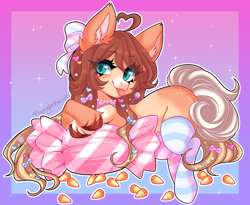 Size: 2208x1813 | Tagged: safe, artist:manglemaws, oc, oc only, oc:candy apple, earth pony, pony, :p, ahoge, bow, bowtie, candy, clothes, coat markings, colored hooves, ear fluff, eye clipping through hair, female, food, freckles, hair bow, mare, mismatched socks, simple background, socks, solo, striped socks, tongue out, unshorn fetlocks
