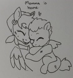 Size: 1412x1502 | Tagged: safe, artist:pony quarantine, pegasus, pony, cute, duo, eyes closed, female, floating heart, foal, grayscale, heart, hug, monochrome, mother and child, traditional art