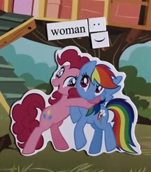 Size: 1604x1820 | Tagged: safe, artist:ponymagnets, pinkie pie, rainbow dash, earth pony, pegasus, pony, g4, clubhouse, crusaders clubhouse, duo, female, hug, implied lesbian, implied pinkiedash, implied shipping, magnet, photo, ponymagnets, woman