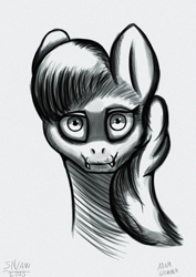 Size: 2480x3508 | Tagged: safe, artist:allenwhyhost, artist:seekernight, oc, earth pony, pony, black and white, fangs, grayscale, high res, monochrome, solo