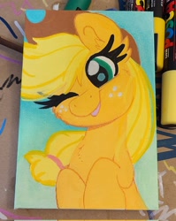 Size: 1628x2048 | Tagged: safe, artist:lbrcloud, applejack, earth pony, pony, g4, applejack's hat, chest fluff, cowboy hat, eyelashes, female, freckles, hat, one eye closed, smiling, solo, traditional art, wink