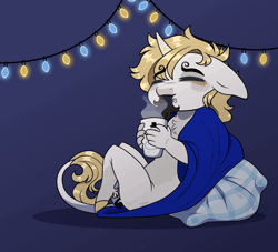 Size: 1100x1000 | Tagged: safe, artist:purplegrim40, oc, oc only, unicorn, anthro, unguligrade anthro, animated, beard, blanket, blue background, christmas, christmas lights, commission, eyes closed, facial hair, floppy ears, gif, holiday, horn, leonine tail, male, mug, pillow, simple background, smiling, solo, tail, unicorn oc, ych result