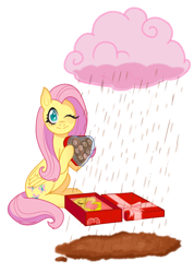 Size: 1679x2361 | Tagged: safe, artist:spring_spring, part of a set, discord, fluttershy, pegasus, pony, g4, box, box of chocolates, chocolate, chocolate milk, chocolate rain, cloud, commission, commissioner:zcord, female, food, heart, heart hands, heart shaped, hearts and hooves day, holiday, implied discord, implied discoshy, implied shipping, implied straight, male, milk, one eye closed, present, rain, simple background, sitting, valentine's day, white background, wink