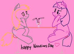 Size: 1150x845 | Tagged: safe, artist:milliemuffins, derpy hooves, twilight sparkle, g4, female, heart, heart eyes, holiday, lesbian, milkshake, pink background, ship:twerpy, shipping, simple background, valentine's day, wingding eyes