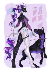 Size: 2480x3508 | Tagged: safe, artist:kisullkaart, rarity, doberman, dog, unicorn, anthro, g4, alternate hairstyle, high res, latex, latex suit, mask, ponytail, purple, simple background, solo