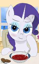 Size: 1038x1698 | Tagged: safe, artist:raritymylove, derpibooru exclusive, cheerilee, rarity, earth pony, pony, g4, blushing, bread, cute, date, eyelashes, eyeshadow, food, heart, heart eyes, looking at you, loving gaze, makeup, restaurant, romantic, smiling, smiling at you, solo, soup, wingding eyes