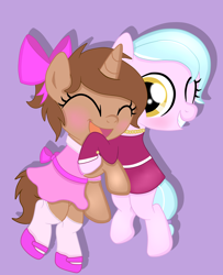 Size: 4700x5800 | Tagged: safe, artist:chip16, oc, oc only, oc:goldy ornament, oc:heroic armour, blushing, bow, clothes, colt, crossdressing, dress, fake eyelashes, female, filly, foal, hair bow, happy, hug, male, mary janes, shoes, socks, thigh highs