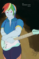 Size: 2000x3000 | Tagged: safe, artist:emeraldcastle, rainbow dash, human, equestria girls, g4, album cover, album parody, electric guitar, eyebrows, female, frown, guitar, high res, looking down, musical instrument, solo, yngwie malmsteen