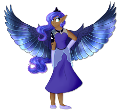 Size: 1024x936 | Tagged: safe, artist:princessfaeron, princess luna, human, g4, alternative cutie mark placement, clothes, dress, elf ears, ethereal wings, humanized, moderate dark skin, simple background, solo, transparent background, winged humanization, wings