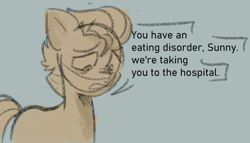Size: 1139x651 | Tagged: safe, anonymous artist, part of a set, hitch trailblazer, earth pony, pony, series:anorexic sunny, g5, anorexia, concerned, floppy ears, implied sunny starscout, limited palette, looking down, male, offscreen character, open mouth, part of a series, shadow, sketch, solo, speech bubble, stallion, standing, talking