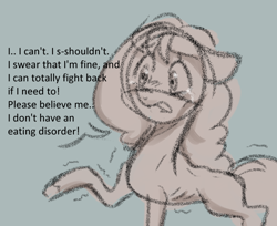 Size: 648x529 | Tagged: safe, anonymous artist, part of a set, sunny starscout, earth pony, pony, series:anorexic sunny, g5, anorexia, anorexic, concave belly, crying, denial, ears back, emaciated, hooves, limited palette, offscreen character, open mouth, part of a series, raised hoof, ribs, scared, shaking, simple background, sketch, skinny, solo, speech bubble, standing, starvation, talking, thin, thin legs, unshorn fetlocks