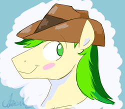 Size: 720x627 | Tagged: safe, artist:cottonsulk, oc, oc only, pony, blush sticker, blushing, bust, hat, looking back, male, solo, stallion