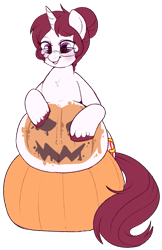 Size: 657x1015 | Tagged: safe, artist:lulubell, oc, oc:amy, pony, unicorn, belly, belly painting, big belly, bodypaint, female, glasses, hair bun, mare, painted, pregnant, pumpkin, simple background, solo, transparent background