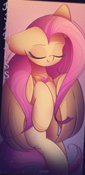 Size: 1055x2160 | Tagged: safe, artist:miryelis, part of a set, fluttershy, pegasus, pony, g4, big ears, cute, daaaaaaaaaaaw, element of kindness, eyes closed, full body, gradient background, impossibly large ears, long hair, one ear down, shyabetes, signature, smiling, solo, sparkles, text, wings