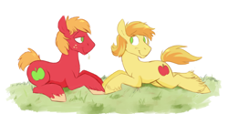 Size: 1280x640 | Tagged: safe, artist:cottonsulk, big macintosh, braeburn, earth pony, pony, g4, applecest, cousins, duo, gay, incest, looking at each other, looking at someone, male, nudity, sheath, ship:braemac, shipping, stallion