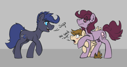 Size: 1280x682 | Tagged: safe, artist:notsafeforhoofs, oc, oc only, oc:cottonsulk, earth pony, pegasus, pony, blushing, looking at each other, looking at someone, male, nudity, sheath, stallion, trio, trio male