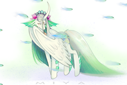 Size: 1764x1178 | Tagged: safe, artist:miyey, oc, oc only, alicorn, fish, hybrid, merpony, pony, bubble, curved horn, digital art, feather, fins, flower, flower in hair, flowing mane, flowing tail, green mane, horn, jewelry, male, necklace, ocean, pearl necklace, regalia, simple background, solo, stallion, swimming, tail, underwater, water, white background, wings