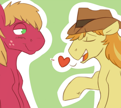 Size: 700x627 | Tagged: safe, artist:cottonsulk, big macintosh, braeburn, earth pony, pony, g4, applecest, blushing, duo, eyes closed, gay, green background, hat, heart, incest, male, ship:braemac, shipping, simple background, stallion