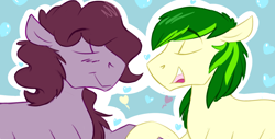 Size: 1236x628 | Tagged: safe, artist:cottonsulk, oc, oc only, oc:cottonsulk, earth pony, pony, blushing, duo, eyes closed, gay, holding hooves, male, shipping, stallion