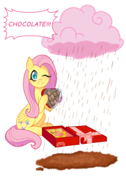 Size: 1679x2361 | Tagged: safe, alternate version, artist:spring_spring, part of a set, discord, fluttershy, pegasus, pony, g4, box, box of chocolates, chocolate, chocolate milk, chocolate rain, cloud, commission, commissioner:zcord, female, food, heart, heart hands, heart shaped, hearts and hooves day, holiday, implied discord, implied discoshy, implied pinkie pie, implied shipping, implied straight, male, milk, one eye closed, present, rain, simple background, sitting, solo, valentine's day, white background, wink
