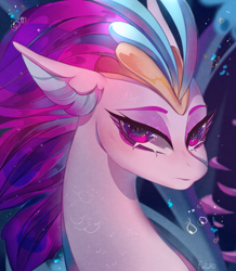 Size: 3049x3500 | Tagged: safe, artist:kefirro7, queen novo, seapony (g4), g4, my little pony: the movie, beautiful, bubble, bust, closed mouth, crown, digital art, eyebrows, eyelashes, eyeshadow, female, flowing mane, frown, glowing, high res, jewelry, lipstick, looking at you, makeup, ocean, portrait, purple eyes, purple mane, regalia, scales, seaquestria, signature, solo, throne room, underwater, water