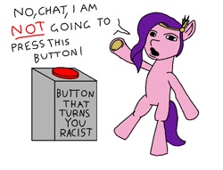 Size: 772x590 | Tagged: safe, artist:marshmallowhors, pipp petals, pegasus, pony, g5, bipedal, button, female, jerma985, mare, pipp985, shitposting, simple background, solo, white background
