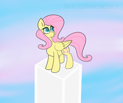 Size: 5376x4526 | Tagged: safe, artist:phosphorshy, fluttershy, pegasus, pony, g4, absurd resolution, chest fluff, ear fluff, eyes open, folded wings, gradient background, looking away, looking up, pillar, pride, pride flag, solo, standing, transgender pride flag, turned head, wings