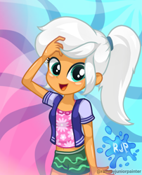 Size: 2015x2490 | Tagged: safe, artist:rjp.rammy, oc, oc only, oc:carlina huenna, human, equestria girls, g4, clothes, female, high res, jacket, looking at you, open mouth, open smile, orange skin, ponytail, shorts, smiling, smiling at you, solo, white hair